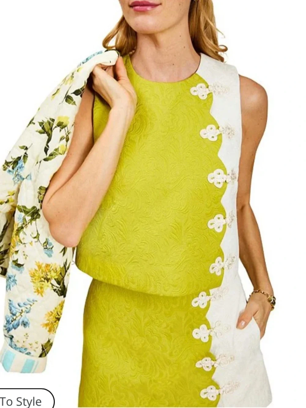 Mestiza New York Etta Crew Neck Sleeveless  green and white Scallop Top - size 6